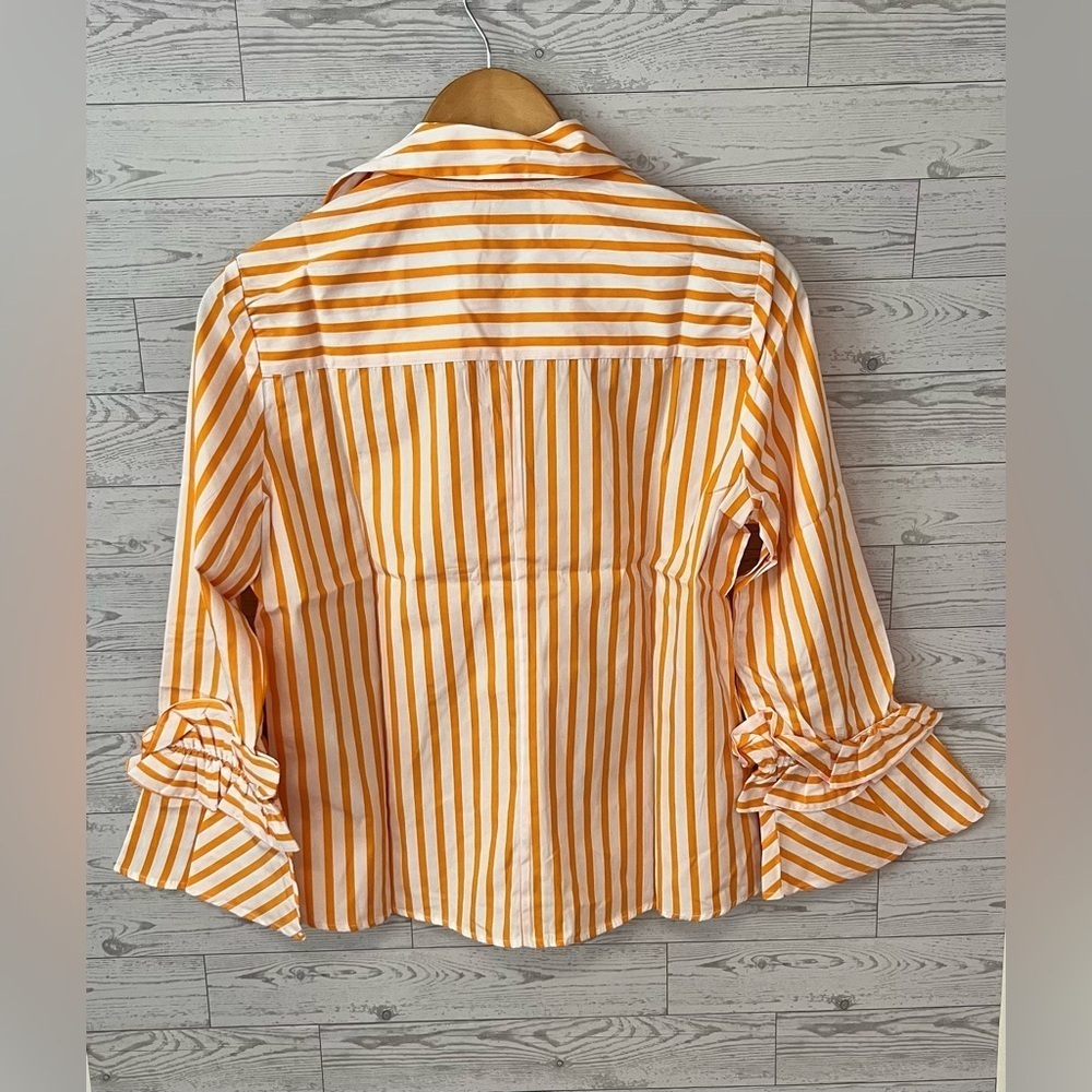 Harshman Selina Cotton Button Front Ruffle-Trim Top Women’s XS Striped Marigold - Picture 10 of 13